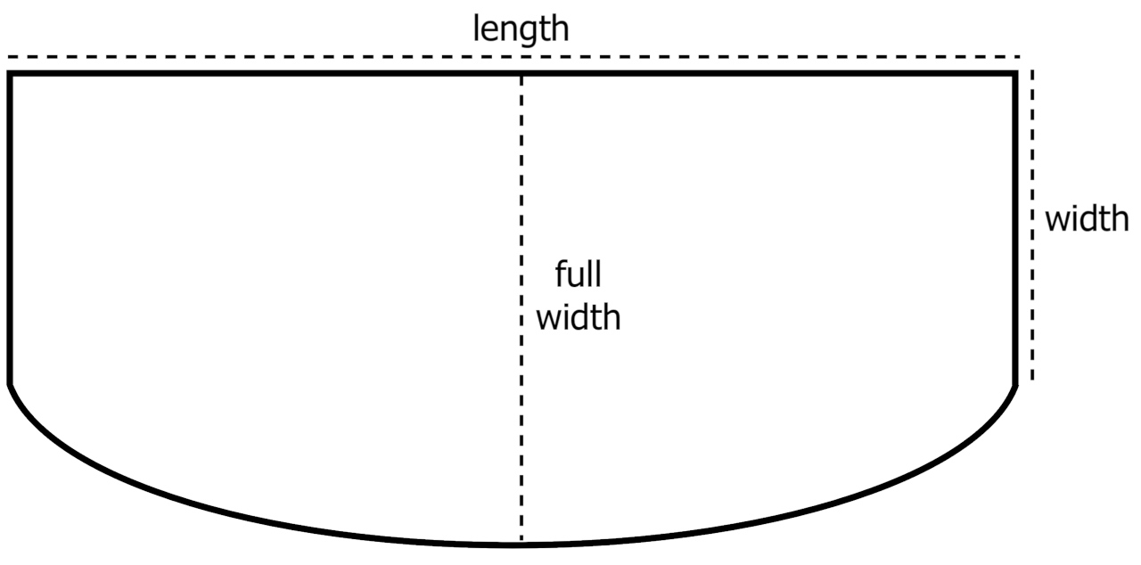 Diagram of a bow front aquarium showing the length, width, and full width dimensions
