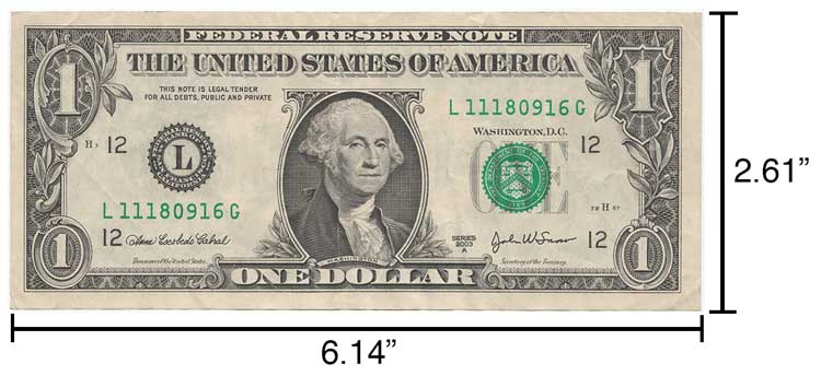 Un billet d'un dollar mesure 2,61 ”x 6,14